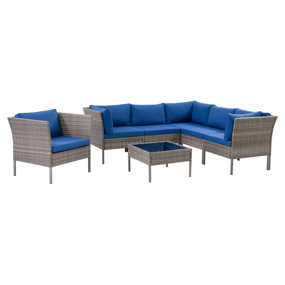 Photos - Garden Furniture CorLiving Parksville 7pc L Shaped Patio Sectional Set with Chair Gray/Blue 
