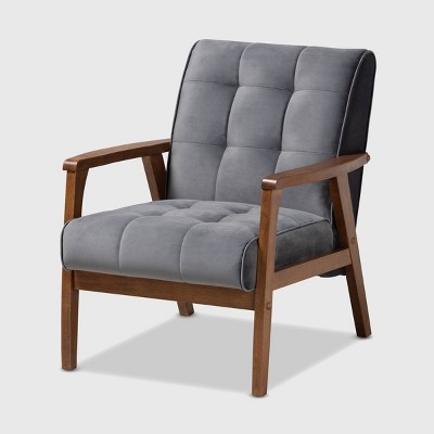 Asta Velvet Upholstered Wood Armchair Gray/Walnut - Baxton Studio