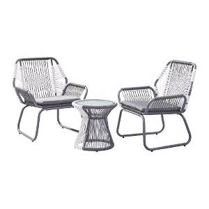 3 Piece Outdoor Chairs Set, Woven Rope Club Chairs, Patio Dining Chairs With Water Resistant Cushion, Tempered Glass Top Round Table For Backyard - 1 of 4
