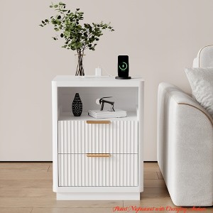 Fluted Nightstand w/ Charging Station, Mid Century Modern Fluted Nightstand, Wooden Night Stand, Modern End Table w/ Curved Corners - 1 of 4