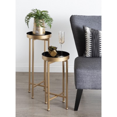 Elegant Gold and Black Round Metal Mirrored Tray Table Set