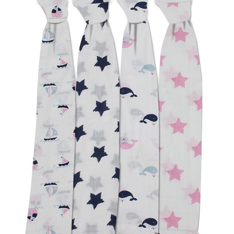 Bacati - Little Sailor Blue/Navy/Pink Girls Muslin Swaddling Blankets set of 4, 3 of 6