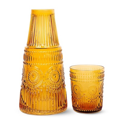 Elle Decor Bedside Water Carafe with Tumbler Set, Vintage Design Pitcher and Matching Drinking Glass Doubles as Lid, 33-Ounce