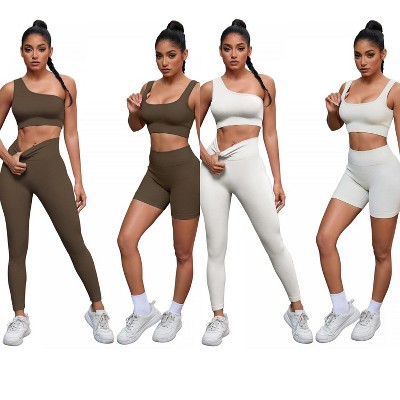 INSPIRE CHIC 2 Sets Women's Exercise Yoga Outfits Scoop Neck Seamless Ribbed Shorts High Waist Shapers