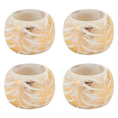 Distressed Gold Foil Print Mango Wood Napkin Rings, Set of 4