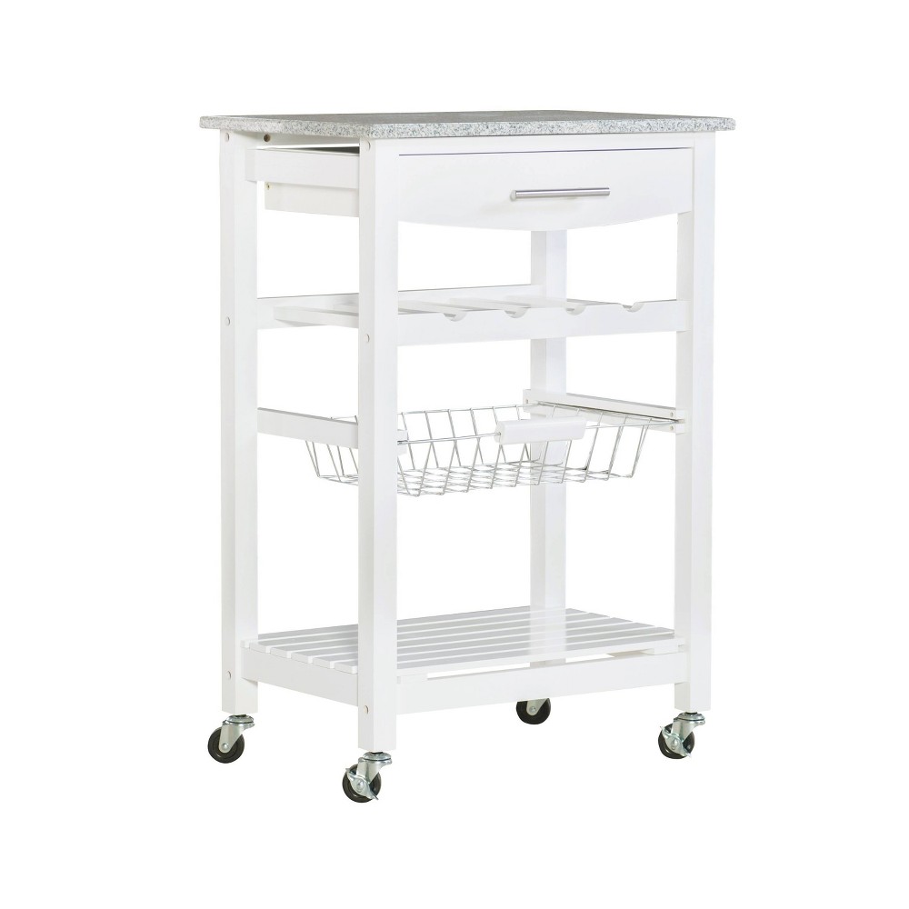 Roger White Wood Movable Kitchen Cart Granite Top Drawer Basket Wine Bottle Rack s - Linon