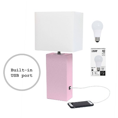 Blush Pink Leather Table Lamp with USB Port and Fabric Shade