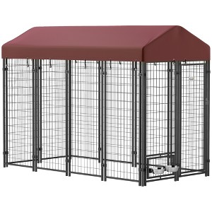 PawHut Outdoor Dog Kennel with Rotating Bowl Holders, Dog Playpen Fence with Waterproof Cover, 8' x 4' x 6', Red - 1 of 4