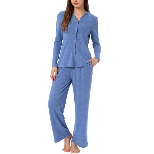 cheibear Women's Long Sleeve Button Down Tops with Pants Sleepwear Pajamas Sets - 1 of 4