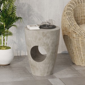 Vynxaria Outdoor Lightweight Concrete Side Table Round Top, Drum Silhouette, Modern Design, Weather-Resistant, for Backyard/Patio - 1 of 4