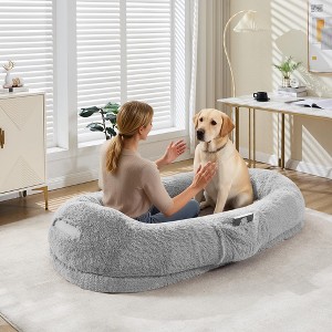 Human Dog Bed for Adult, 64.9" x 41.3" Large Giant Shared Bed for People Pets,Washable Faux Fur Removable,Bean Bag with Handle Side Pocket - 1 of 4