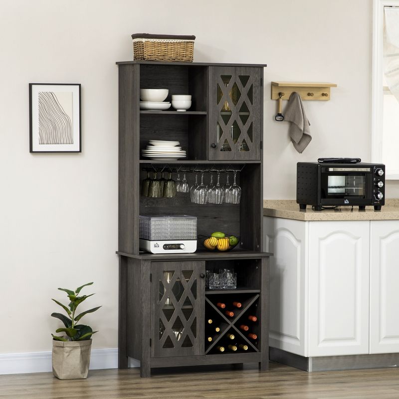 HOMCOM 72" Kitchen Pantry, Buffet with Hutch, Cupboard for Microwave, with 2 Door Cabinet, Wine Glasses Rack and 12-Bottle Wine Rack, Dark Grey, 3 of 7