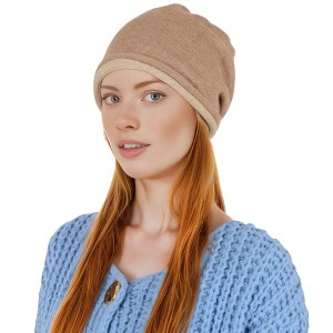 Anna-Kaci Comfy Warm Knit Slouchy Beanie Hat Double Color Roll Up Edge Ski Cap - 1 of 4
