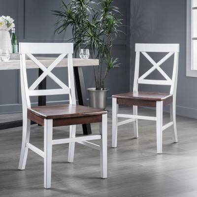 Rustic Acacia Wood Dining Chairs in White and Walnut, Set of 2