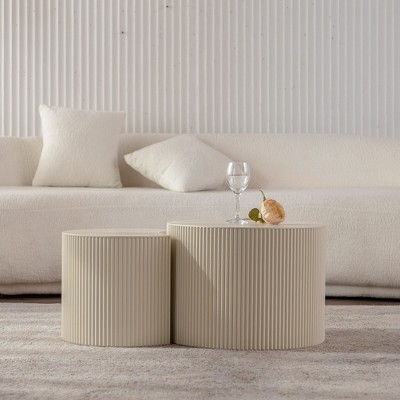 NicBex Set of 2 Nesting Handcrafted Relief White Coffee Table for Living Room,Olive-Shaped Tea Table with Sturdy Pedestal,Accent Side Table