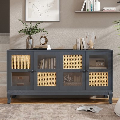VYNXARIA Retro 4-Door Sideboard,Artificial Rattan Doors and Transparent Glass, Accent Cabinet for Entryway Dining Room,Living Room,Gray