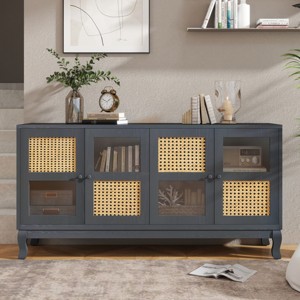 VYNXARIA Retro 4-Door Sideboard,Artificial Rattan Doors and Transparent Glass, Accent Cabinet for Entryway Dining Room,Living Room,Gray - 1 of 4
