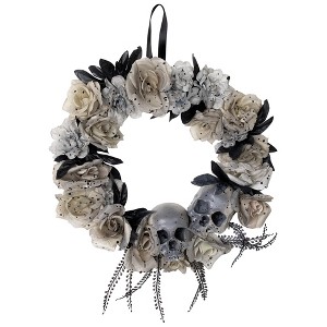 Northlight Double Skull and Gray Roses Halloween Wreath- 16" - Unlit - 1 of 4