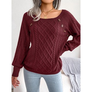 Womens Sweater Casual Square Neck Button Cable Knit Pullover Sweater Tops - 1 of 4