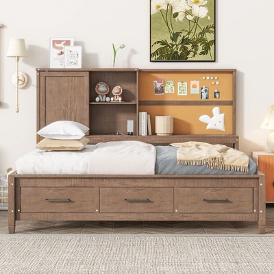 PAGED Twin Size Daybed Modern Wooden Bed Frame with Trundle and 2 Drawers for Bedroom, Living