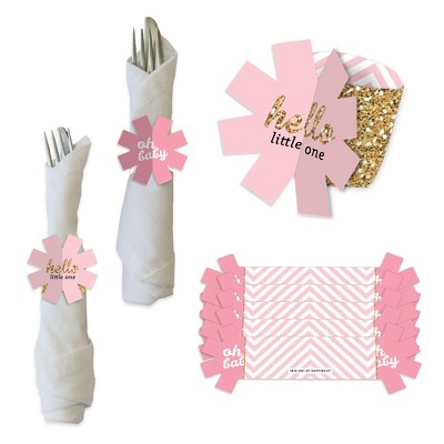 Big Dot of Happiness Hello Little One - Pink and Gold - Girl Baby Shower Paper Napkin Holder - Napkin Rings - Set of 24