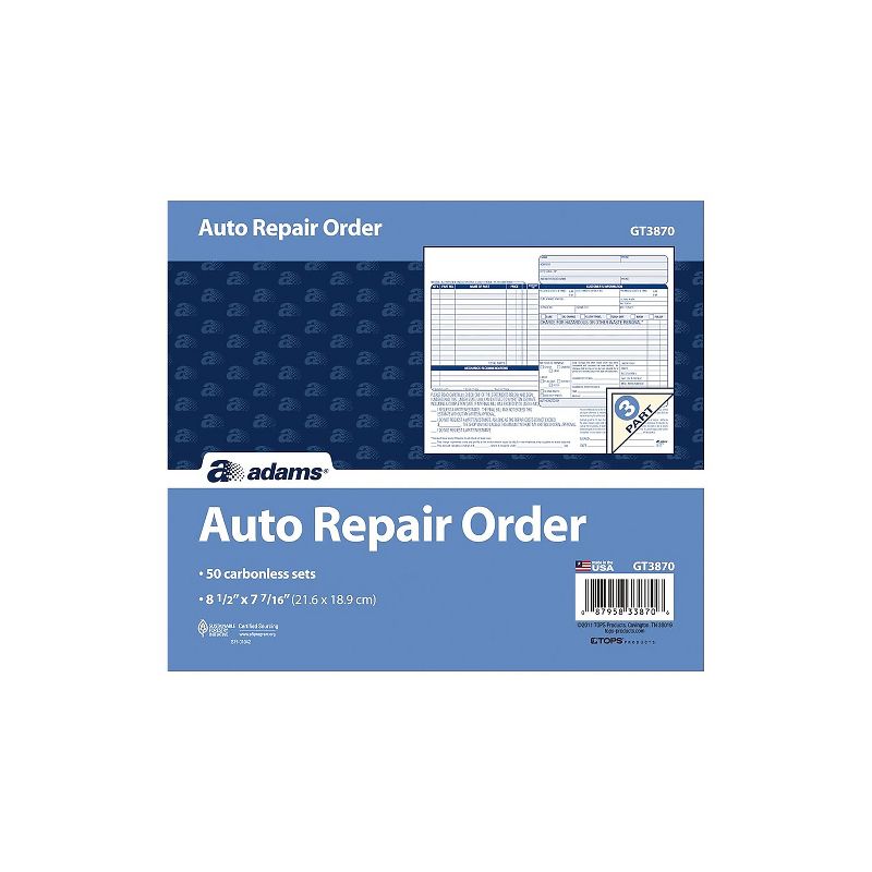 Adams 3-Part Carbonless Auto Repairs Book 8.5"L x 7.44"W 50 Forms/Book 301630, 2 of 3