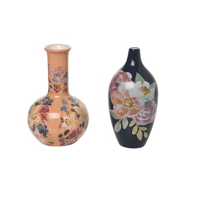 Transpac Dolomite 8 in. Multicolor Spring Floral Boutique Vase Set of 2