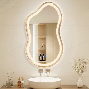 Beautyolove Irregular Asymmetrical Gold Framed LED Light Anti-Fog 3-Colors Dimmable Wall Mirror - 1 of 4