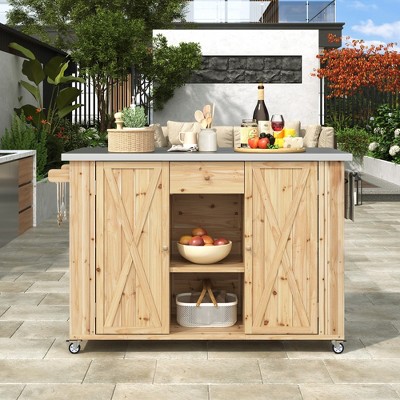 VYNXARIA Outdoor Kitchen Island: Fir Wood with Stainless Steel Top, Storage & Bottle Opener