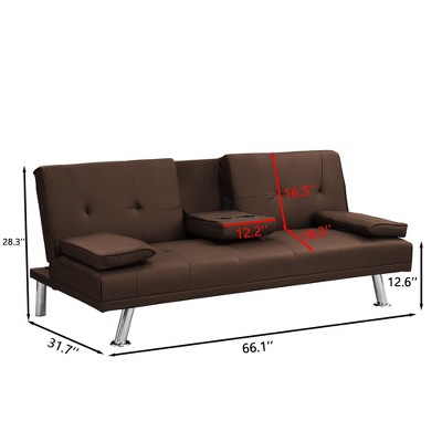 Kumasinova 66 Inch PVC Sofa Bed,Convertible Futon Sofa Bed with Cup Holders,Stainless Leg,Armrest,Couch Bed for Living Room,Office,Bedroom