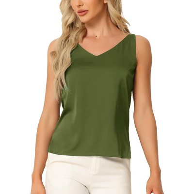 cheibear Women's Satin Tank Top V Neck Basic Silky Double Strap Sleeveless Blouse