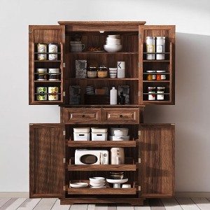 Kitchen Pantry Cabinet with 3 Pull-Out Shelves, 2 Drawers & 6 Door Racks, Tall Freestanding Storage Cupboard with Adjustable Shelves for Kitchen - 1 of 4