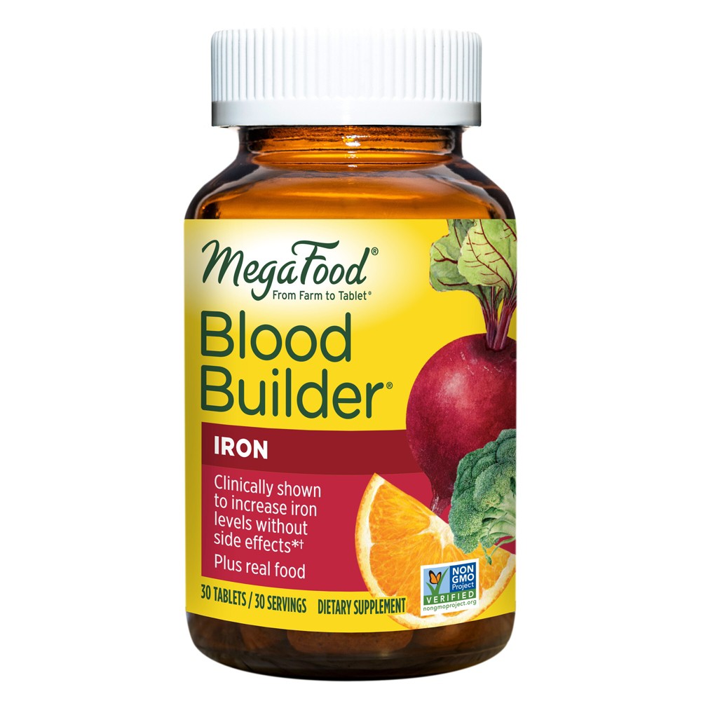MegaFood Blood Builder - Iron Supplement Shown to Increase Iron Levels without Nausea or Constipation - Energy Support with Iron  Vitamin B12  and Folic Acid - 30 Tabs. 3/Pk.