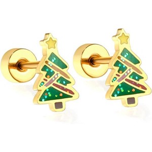 Christmas Tree Stud Earrings: Gold-Toned Screw Back Design for Couples. - 1 of 4