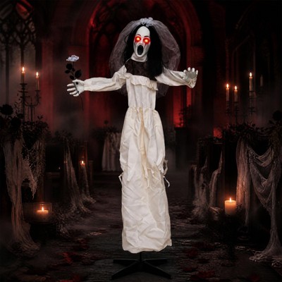 Costway 5.7 FT Halloween Standing Animatronic Bride with Flower in Hand ...