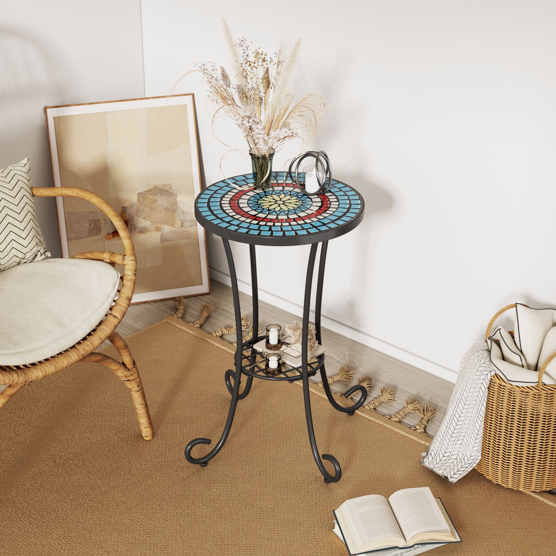 ModernLuxe Ceramic Tile Patio Side Table, Round Outdoor Accent End Table with Iron Frame for Patio, Balcony, Garden & Indoor Spaces, Blue+Black