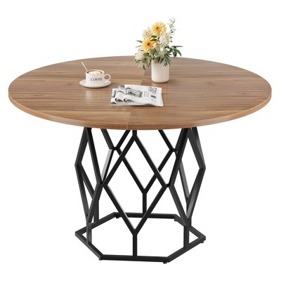 Homhougo 47 Inch Round Dining Table, Farmhouse Dining Kitchen Table for 4-6 People, Kitchen & Dining Room Tables Brown