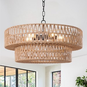 LamQee 22 Inch Farmhouse Rattan Chandeliers, 5 Lights Boho Chandelier Light Fixture with Hand Woven Wicker Shade - 1 of 4