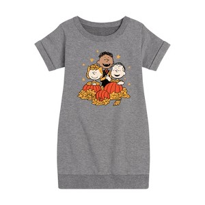 - Peanuts - Peanuts Pumpkin Trio Graphic Short Sleeve Fleece Dress - 1 of 4