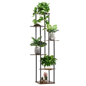 Unique Bargains Wood Space Saving Flower Pot Planter Stand 6 Tiers Black - 1 of 4