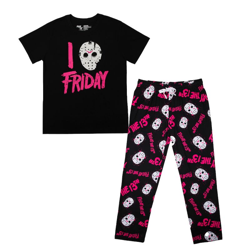 Friday the 13th Adult Juniors Black Sleepwear Set: Tee Shirt and Sleep Pants, 1 of 7