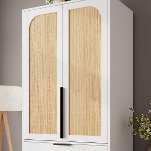 Armoire Wardrobe Closet, Rattan Wardrobe Cabinet with 2 Doors, Handing Rod & 3 Drawers, 70" Tall Wooden Bedroom Armoires for Clothes, 31.5" Wide - 1 of 4