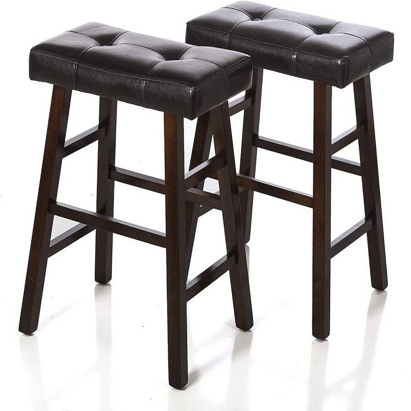 Legacy Decor Set of 2 Dark Espresso/Brown Wood Counter Bar Stools with Bonded Faux Leather Seat, 1 of 4