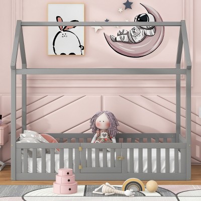 House Bed Frame, Solid Pine Wood with Fence and Door, No Box Spring Needed, Roof Play Design for Kids Bedroom - Baofuwish