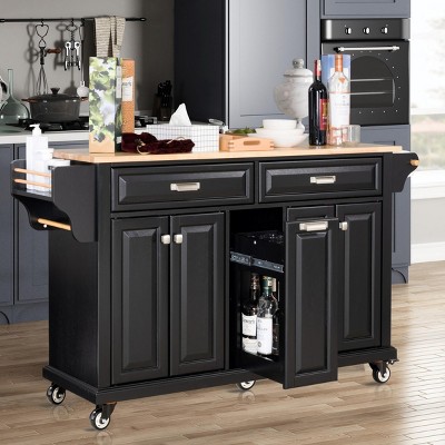 Wood Top Kitchen Island Cart with Wheels, Drawers, Spice Rack, Rolling Storage Cabinet for Kitchen or Dining-The Pop Home