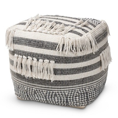 Kirby Handwoven Moroccan Inspired Pouf Ottoman Gray/Ivory - Baxton Studio