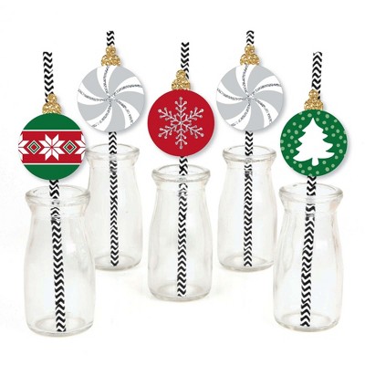 Big Dot of Happiness Ornaments - Paper Straw Decor - Holiday and Christmas Party Striped Decorative Straws - Set of 24