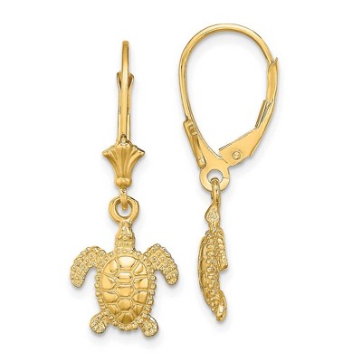 Black Bow Jewelry 11mm Textured Sea Turtle Lever Back Earrings in 14k Yellow Gold