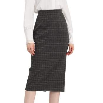 Allegra K Women's Checked  Plaid Printed High Waist Zipper Back Split Bodycon Midi Skirt