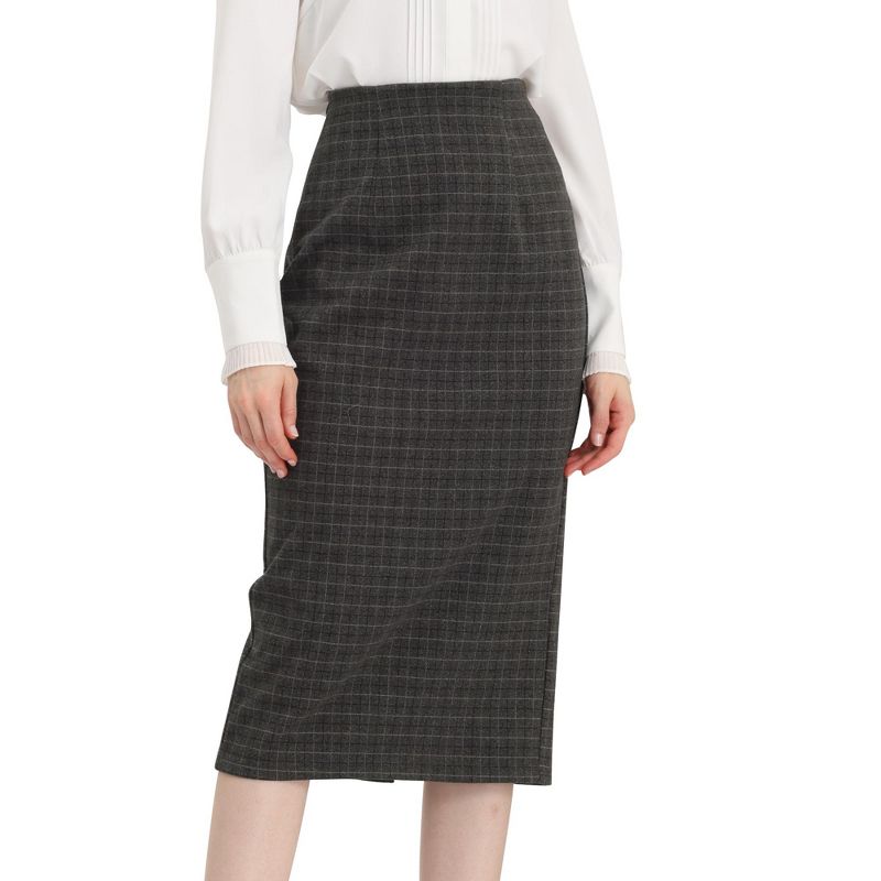 Allegra K Women's Checked  Plaid Printed High Waist Zipper Back Split Bodycon Midi Skirt, 1 of 7